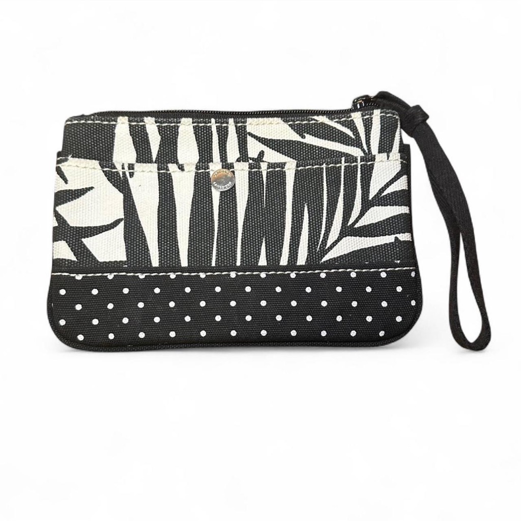 Lands' End Black And White Havana Palm Patterned Wristlet With Polka Dots
